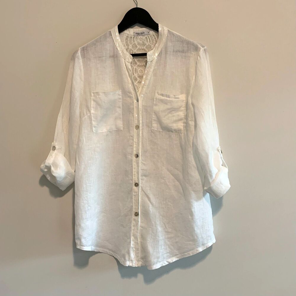 Angela Mara Linen Button Up Top Crochet Lace Back 3/4 Roll Sleeve White Women S